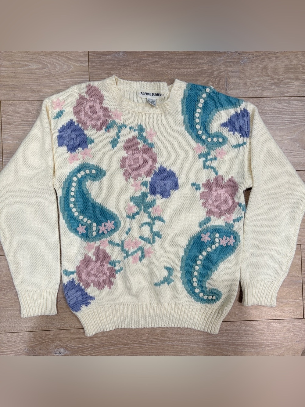 Vintage 80s 90s Alfred Dunner Pastel Floral Paisley Knit Sweater - Size 38 (M/L)